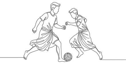 Obraz premium Two men playing Sepak Takraw, dynamic line art illustration, sport concept