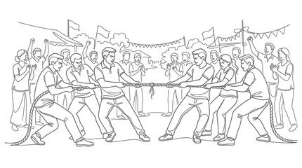 Obraz premium Tug of War Competition: Teams Pulling Rope in Outdoor Event with Cheering Crowd