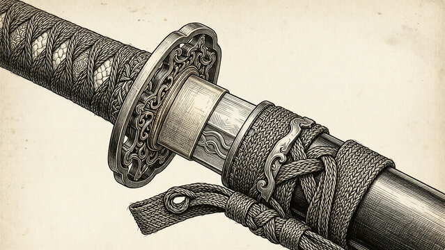 karate iaido katana sword hilt with intricate design in woodcut style