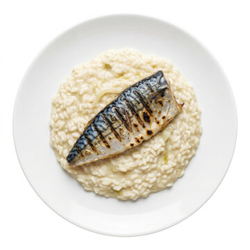 Authentic Risotto alla Crema di Finocchio e Sgombro Fennel Cream and Grilled Mackerel Risotto Isolated on White Background
