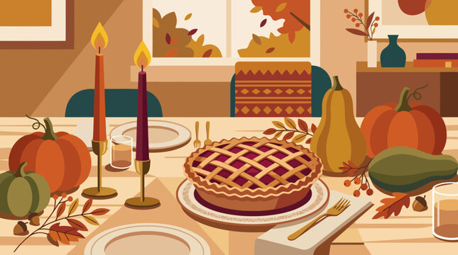 Cozy thanksgiving dinner table setting with pumpkin pie and autumn decorations