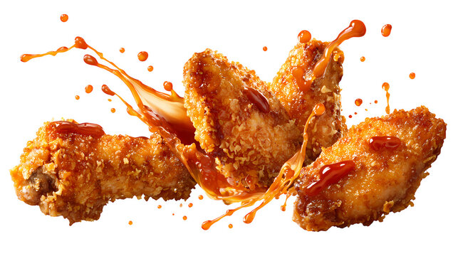 Three spicy glazed chicken wings with orange sauce splash isolated.