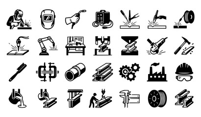 Obraz premium Black and White Welding and Metalworking Icon Set with Industrial Worker Silhouettes