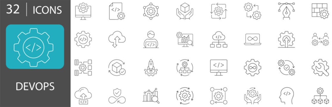 DevOps and Software Development Line Icon Set with Continuous Integration, Cloud Infrastructure, Automation, Deployment and IT Operations Vector Symbols
