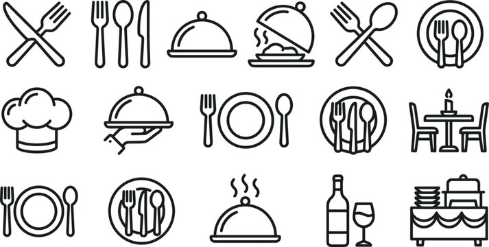 Restaurant and catering services vector line icon set featuring cutlery forks knives spoons plates chef hat cloches and dining tables