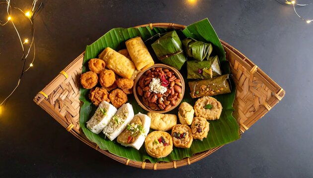 Traditional Indonesian Snack Platter with Assorted Savory Delicacies on Banana Leaf