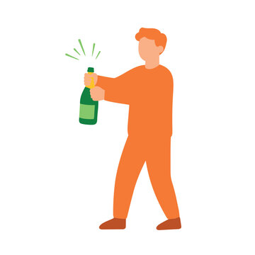 Person in orange suit opens green sparkling wine bottle at a party celebration