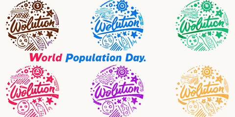 Colorful circular floral ornaments with handwritten typography world population day theme © Prosanta