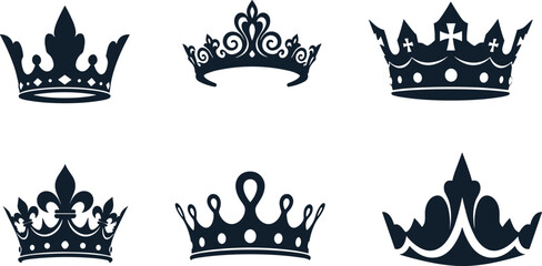 Royal Crown Silhouette Icon Set Featuring Vintage Tiara Diadem King Queen and Emperor Symbols for Luxury Premium Logo Branding Designs  © MstMonjila