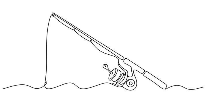 Continuous single line drawing of a fishing rod with reel