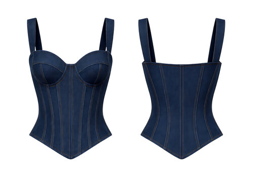 Blue denim corset crop top front and back view isolated on transparent background