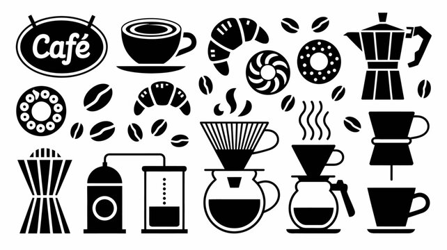 Coffee themed vector illustration featuring cups beans pastries and brewing equipment on a white background coffee caffeine espresso latte