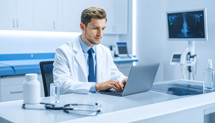 Fototapeta premium Dedicated male doctor in a white coat diligently works on a laptop at a clinic desk, evoking trust, deep focus, and expert medical care in a modern, bright hospital.
