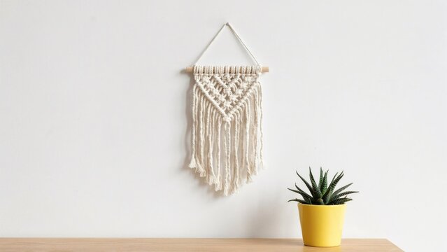 Small macrame wall hanging with knotted cotton cord on a wooden dowel