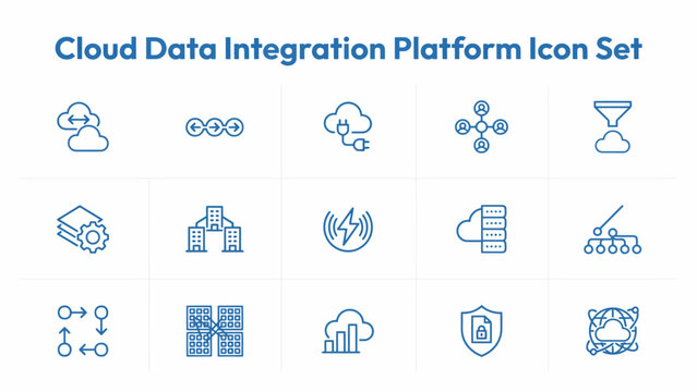 Cloud data integration platform icon set blue line icons on a white background computing art background digital technology