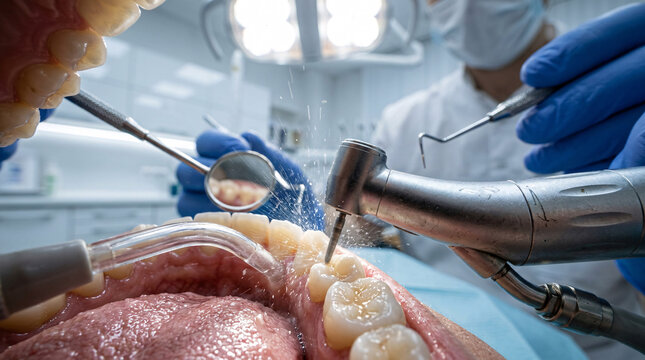 Dentist performing dental procedure on patient in clinic.