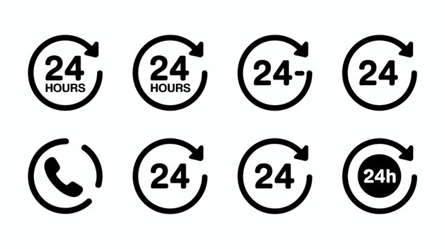Twenty four hour service icons in black and white depicting time and availability concepts 24 hour hours clock icon support