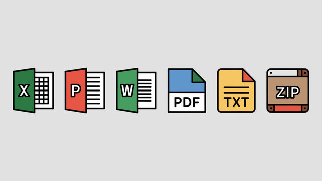 File format icons representing excel pdf word text zip and powerpoint flat vector illustration excel icon pdf word