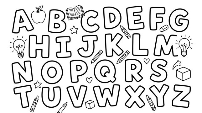 Alphabet letters with school supplies doodles and illustrations black and white line art