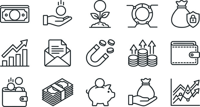 Financial investment and money growth linear vector icon set featuring wallets cash banknotes piggy bank investment charts and savings protection concept