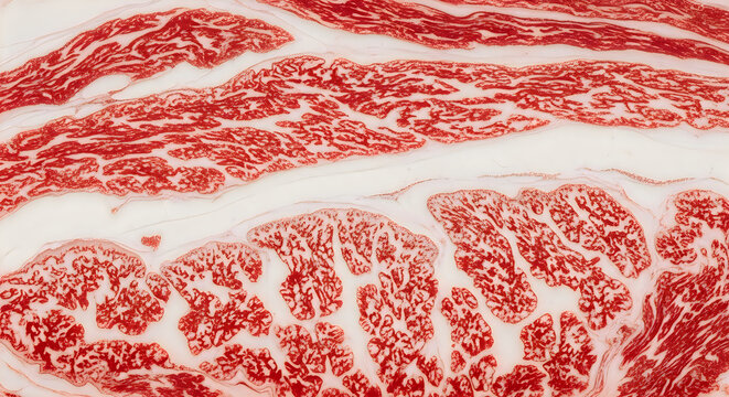 Macro shot of raw Wagyu beef with intense marbling pattern