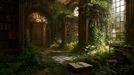 Fototapeta premium Enchanted Library Filled with Lush Vegetation and Natural Light Filtering Through Arched Windows