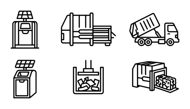 Waste Management Icons: Solar Compactors, Garbage Trucks, and Recycling Equipment Vector Set