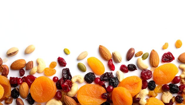 A vibrant and colorful assortment of dried fruits and nuts scattered across a clean white surface. The selection includes dried apricots, almonds, pistachios, cranberries, and raisins. The arrangement