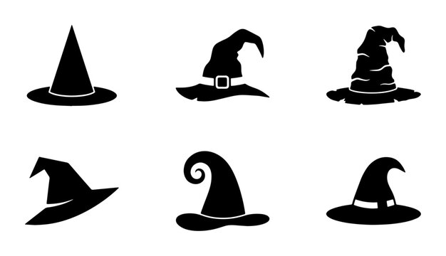 Witch Hats Silhouette Collection, Six Black Magic Headwear Vector Icons for Halloween and Fantasy Designs