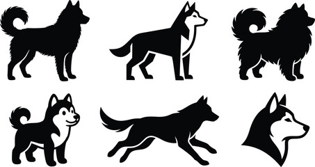 Siberian Husky Dog Silhouette Icon Set Featuring Sled Dog Breed Poses Like Standing Running and Detailed Profile Head for Pet Graphic Designs  © MstMonjila