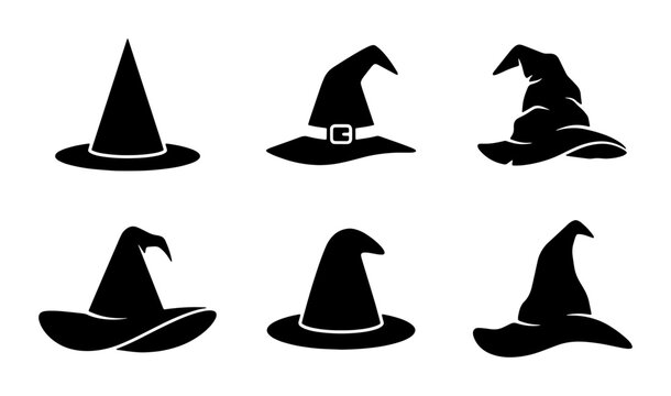 Witch Hats Silhouette Collection, Spooky Halloween Icons, Magical Costume Accessories, Black Vector Graphics Set