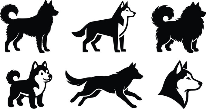 Siberian Husky Dog Silhouette Icon Set Featuring Sled Dog Breed Poses Like Standing Running and Detailed Profile Head for Pet Graphic Designs
