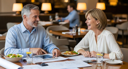 Fototapeta premium Mature Professionals Laughing While Reviewing Blueprints Over Lunch