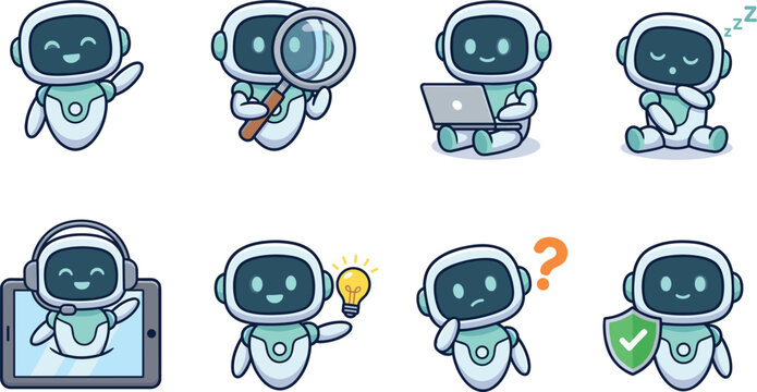 Cute robot character vector icon set featuring artificial intelligence chatbot stickers in various poses working sleeping thinking and helping isolated on white background