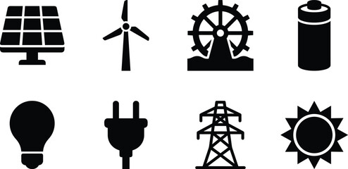 Naklejka premium Renewable Energy and Power Generation Icon Set with Solar Wind Battery and Electricity Symbols