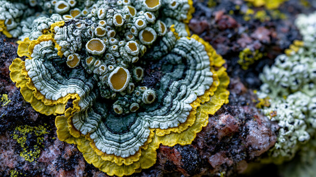 Xanthoparmelia lichen crust encrusting granite boulder surface, thallus lobes overlapping in concentric radial growth pattern, apothecia fruiting disc structures visible, macro geological-botanical 