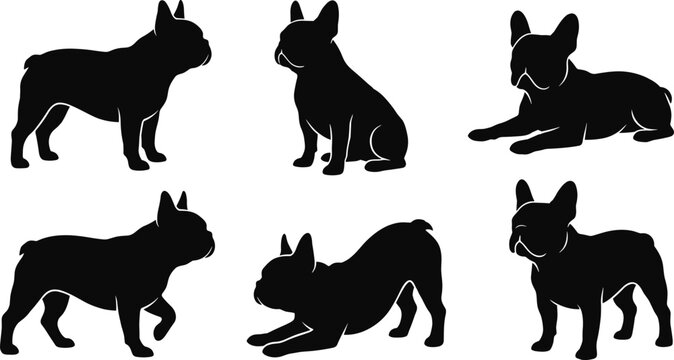 French Bulldog Breed Silhouette Icon Set Featuring Puppies in Various Poses Like Standing Sitting Lying Down and Bowing for Pet Graphic Designs
