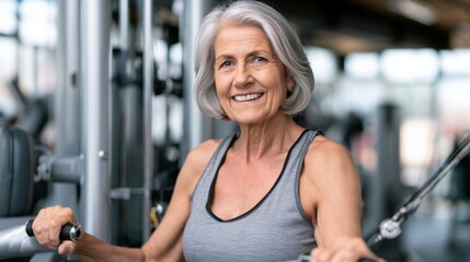 Fototapeta premium Elderly Woman Smiling While Using Modern Fitness Equipment in a Bright Gym Environment