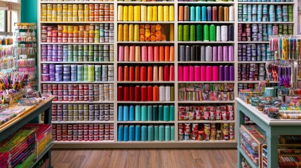 Obraz premium Colorful Hobby Store Interior with Neatly Organized Shelves of Craft Supplies and Materials for Creative Projects