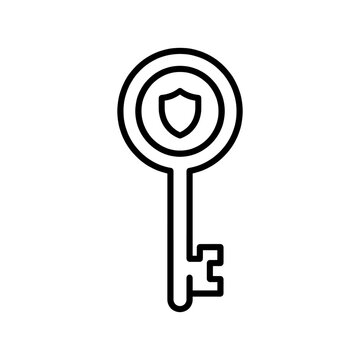 Flat illustration of security key icon with shield line art illustration of a key representing safety, protection, privacy, and cybersecurity