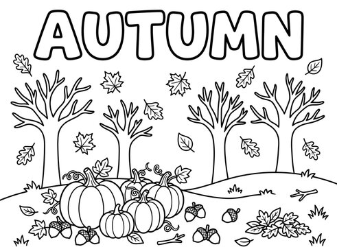 Autumn themed black and white line art illustration with pumpkins trees falling leaves and acorns on a white background