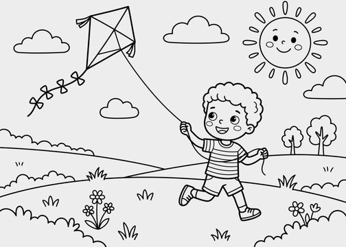 Happy boy flying a diamond kite on a sunny day with clouds and trees line art illustration