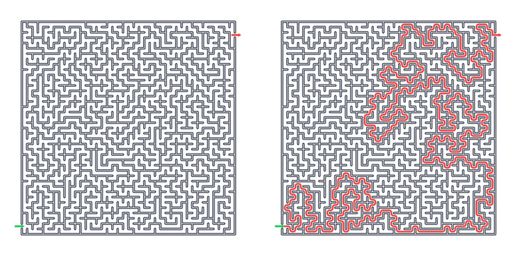 Square maze for adults, challenging printable logic game, find the way from start to exit, black and white, activity worksheet page with solution