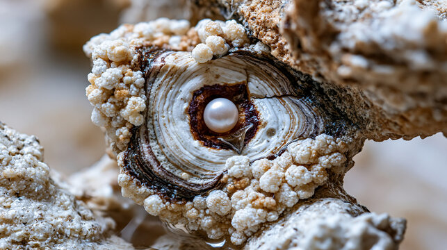 Cave pearl limestone concentric formation resting in shallow calcite pool, onion-layer aragonite coating built over centuries of dripping water, speleothem specimen, cave geology study, carbonate mi