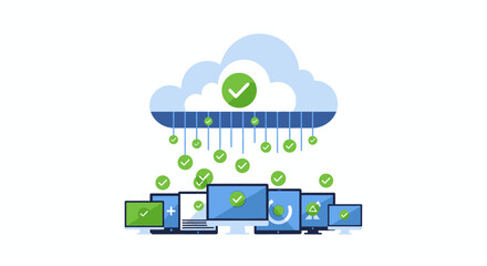 Fototapeta premium Cloud Computing Data Synchronization and Secure Backup Concept with Verified Checkmarks across Multiple Digital Devices
