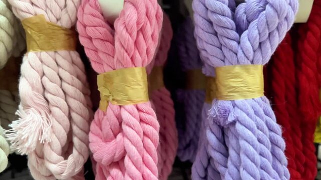 Different shades of threads hang in a craft store. People can choose from various colors for sewing and crafting projects.