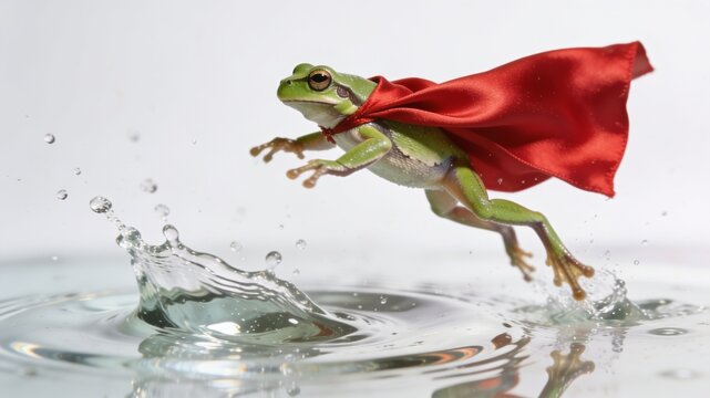 A humorous photo of a tiny animal&mdash;a green tree frog wearing a miniature red superhero cape&mdash;leaping gracefully over a splash of water, isolated on a white background.