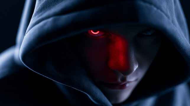 Hooded figure illuminated by dramatic red and blue neon lighting, creating a mysterious cyberpunk portrait symbolizing anonymity, cybersecurity and digital threat concepts.