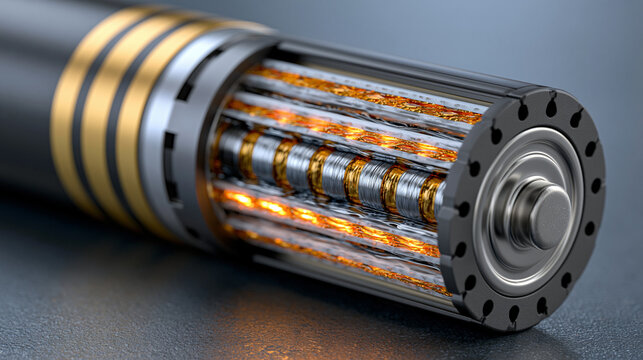 Cylindrical lithium-ion battery cell cross-section exposing internal electrode winding architecture, separator membrane layers alternating with anode and cathode foil sheets, electrolyte-wetted surf