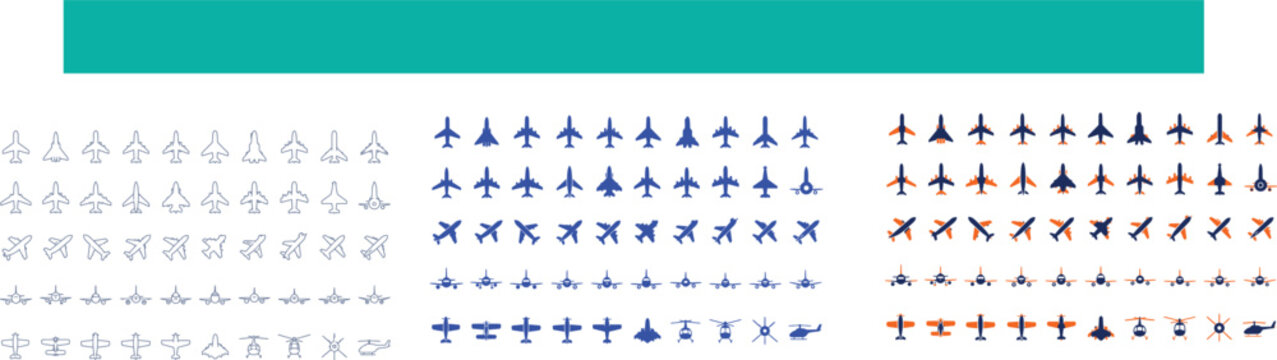 "Collection of various airplane and helicopter illustrations in different colors, styles, and designs, featuring aviation transportation icons isolated on white background.